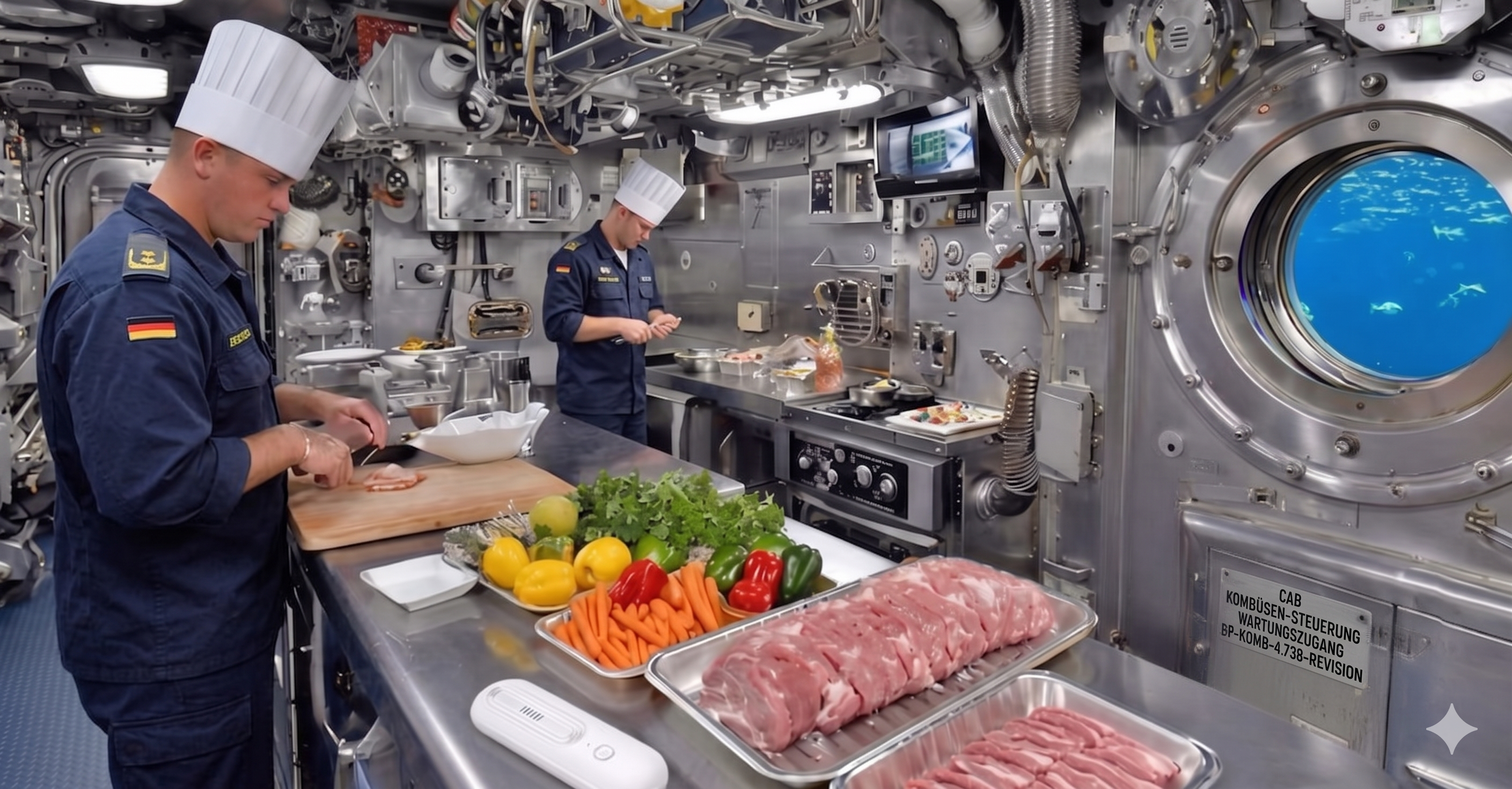 U-Boot-Küche mit frischen Lebensmitteln und Ozoori